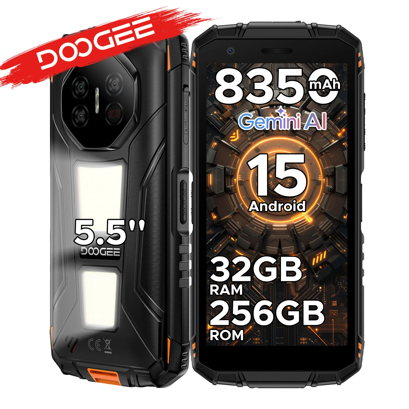 DOOGEE Fire 3 Max - Smartphone robusto con Gemini AI, 32GB+256GB, schermo da 5.5 HD+, luci da campeggio, batteria da 8350mAh, NFC, Android 15, Google Pay