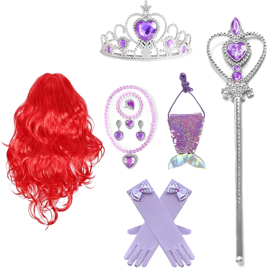 Ariel Princess Accessories Gloves Wand Crown Jewelry Set Mermaid Wig Necklace Braid for Princess Dress Clothing Cosplay Dress UP