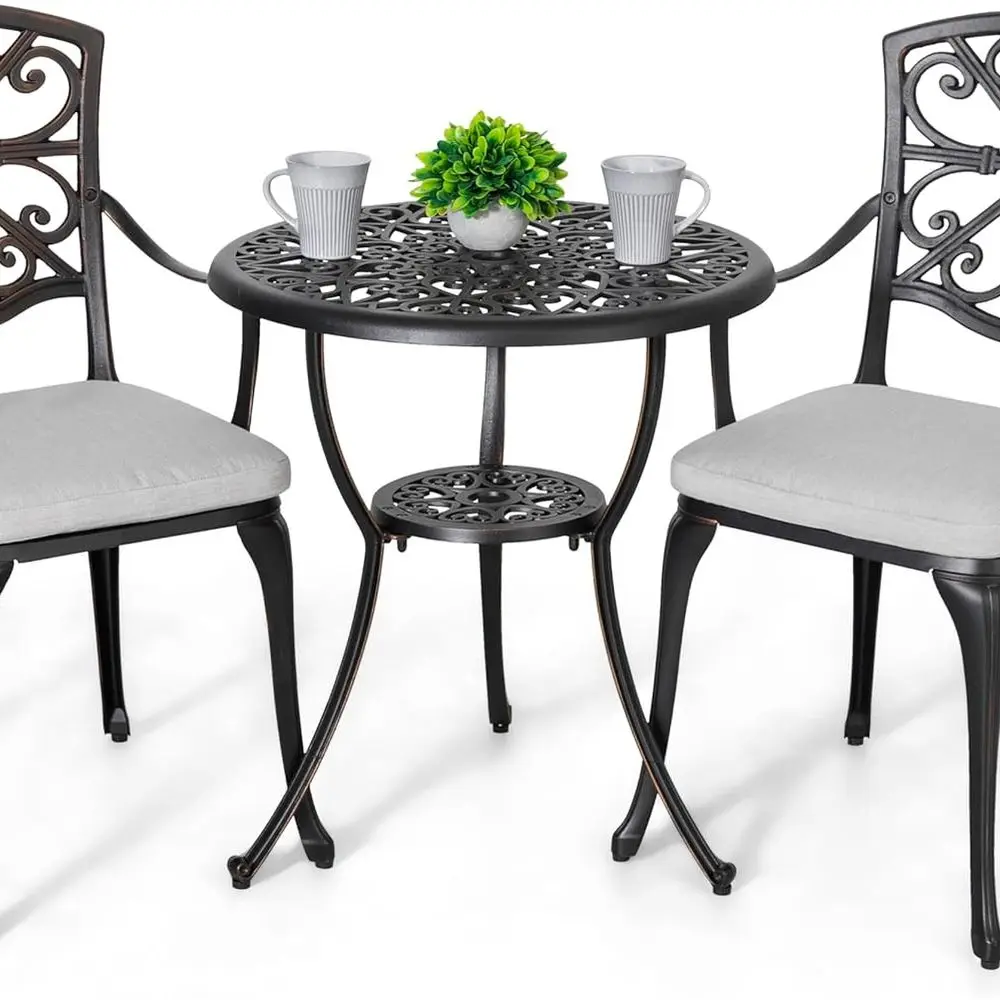 

Outdoor 3-Piece Cast Aluminum Bistro Set with Grey Cushions, Suitable for Patio, Balcony, and Lawn