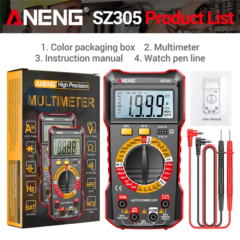 ANENG SZ305 1999 Count Professional Multimeter AC/DC Voltage Tester Ammeter Capacitor hFE Triode Hz Detector Electrician Tools