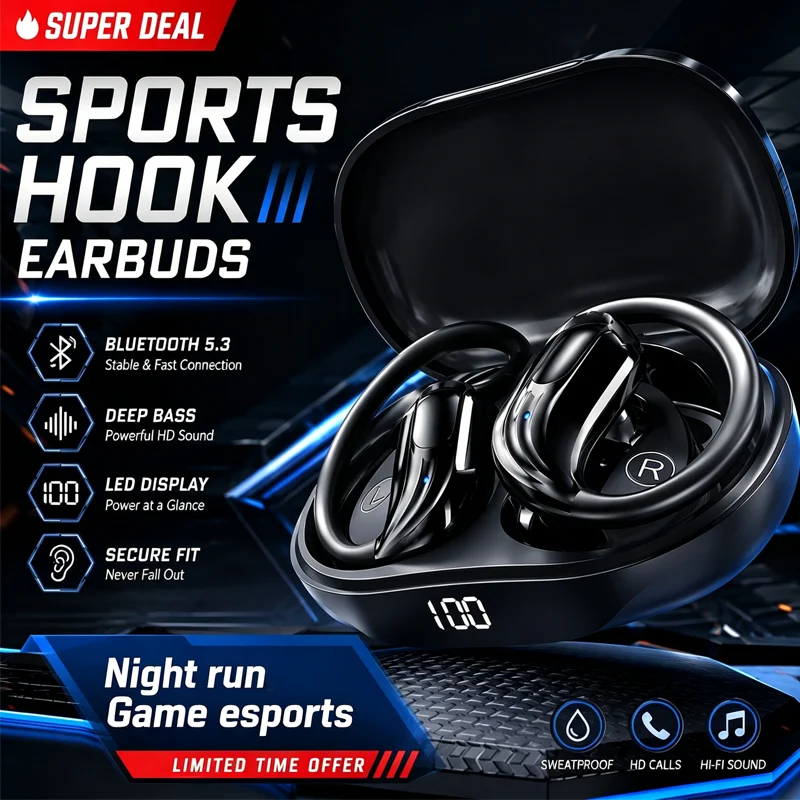 Wireless Bluetooth 5.3 Earhook Earphone LED Display Sports Earhook Headphones Deep Bass HiFi Stereo Noise Cancelling Earphones