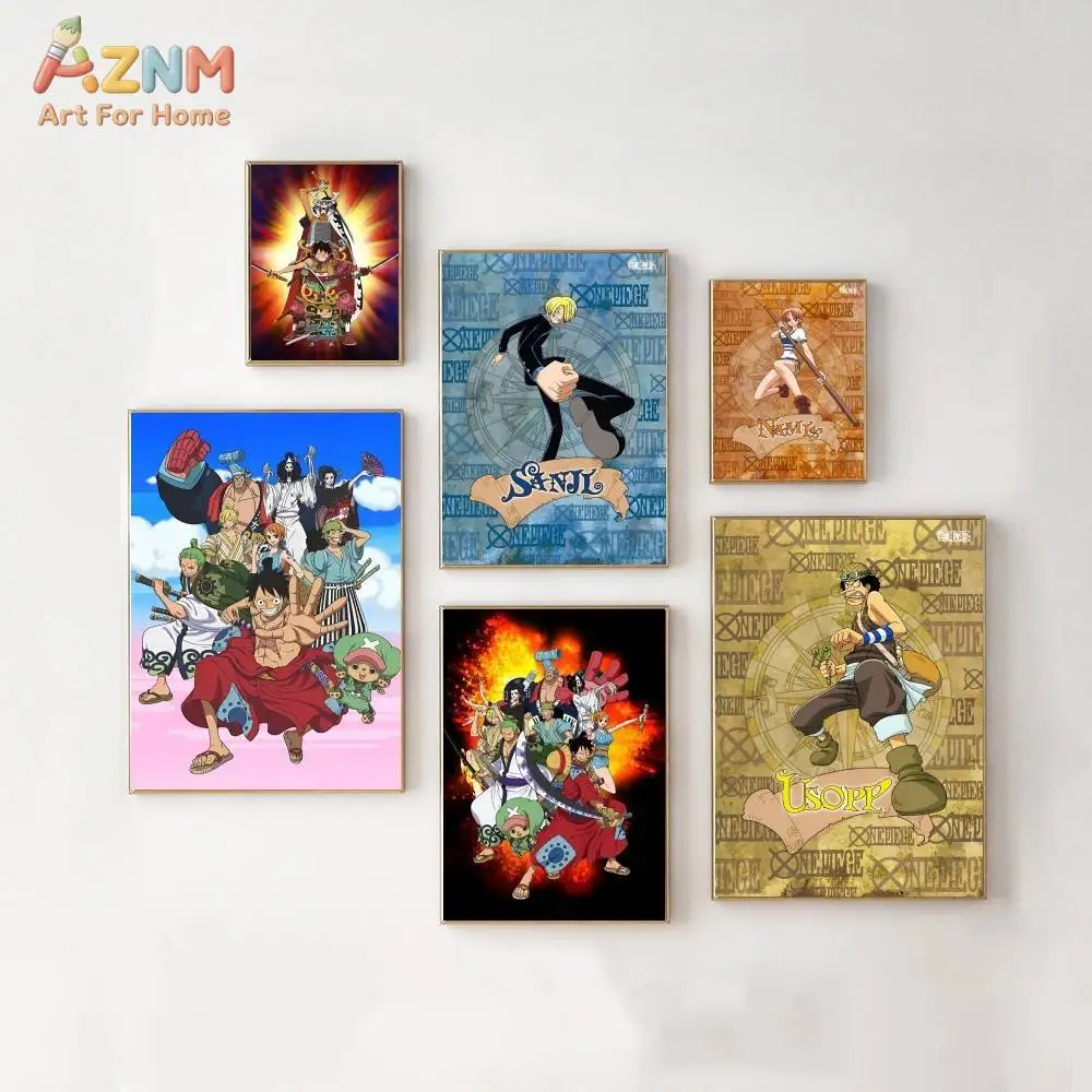 AZNM - Impresión en lienzo de One Piece Wano Country, sin marco, fondo vintage, Luffy, Sanji, Nami, Usopp, póster artístico de pared con personajes de anime