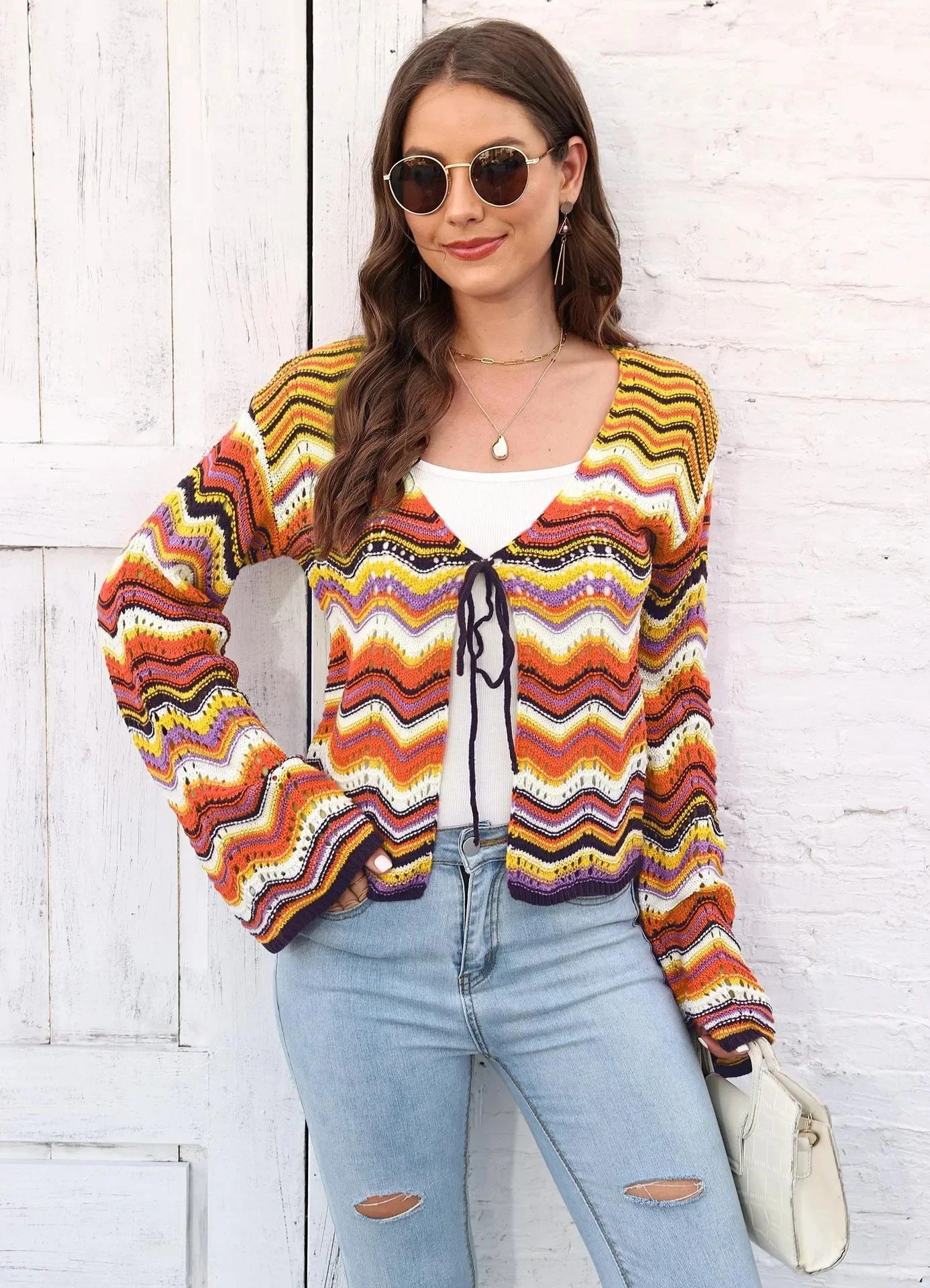 Women's Rainbow Striped Knitted Wrap Cardigan Splicing Belted Air Conditioned Sweater Autumn Winter New Style Cross-Border