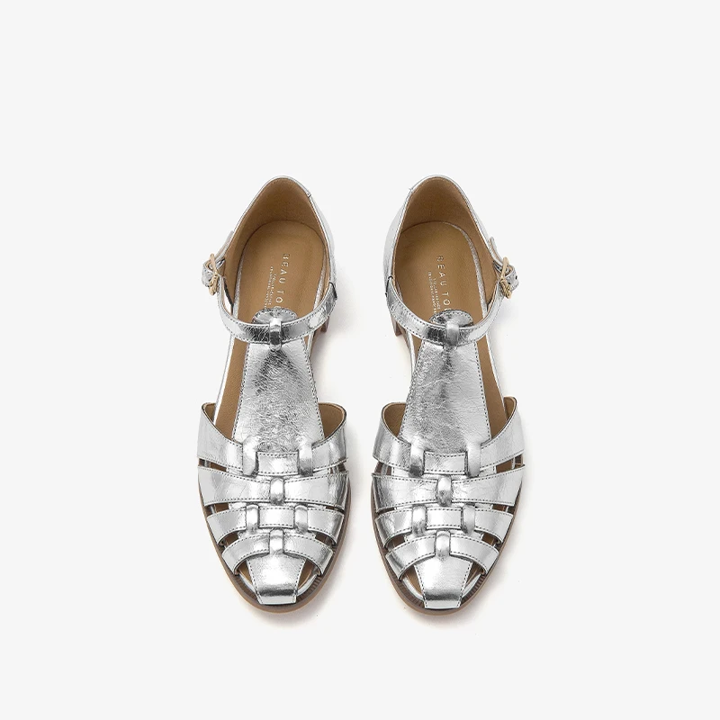 BEAUTODAY Gladiator Sandals Women Patent Leather Closed Toe Woven Design Summer Ladies Retro Silver Shoes Handmade A33111