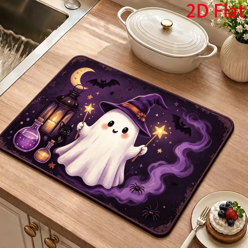 Hello Boo Ghost Pumpkin Dish Drying Mat for Kitchen Tableware Pad Dish Mat Non-slip Placemat Cushion
