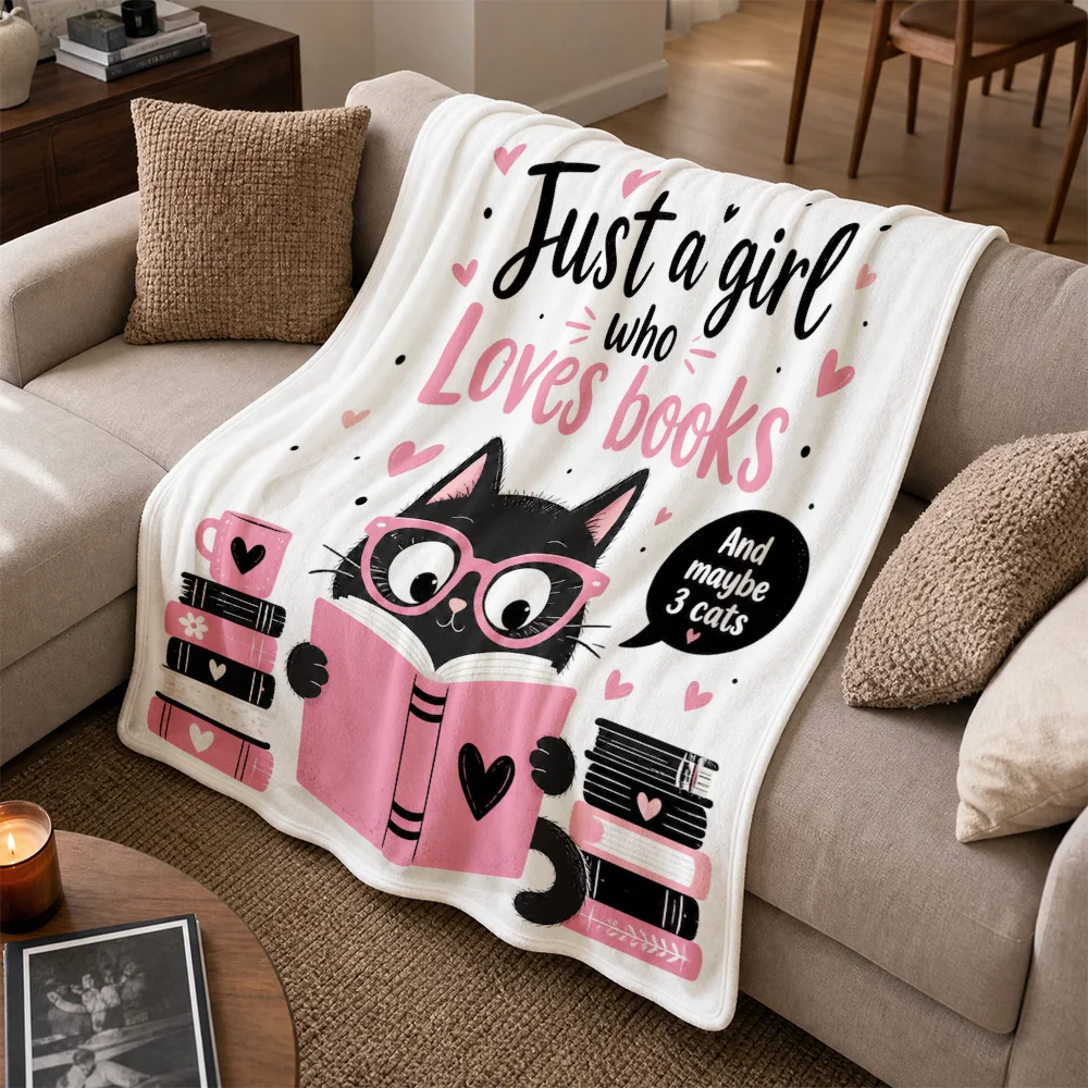 Cozy Throw Blanket for Book Lover Gift Plush Cat Reading Blanket for Girls Cute Literary Decor Home Nap Throw Nap Cushion