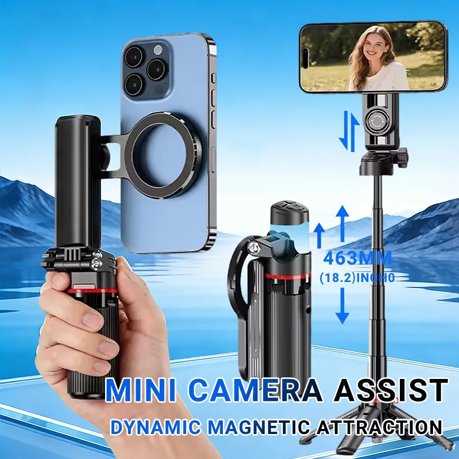 Mini Trípode para Selfies con Soporte Magnético para Teléfono, Palo Extensible, Control Remoto Inalámbrico, Mini Portátil