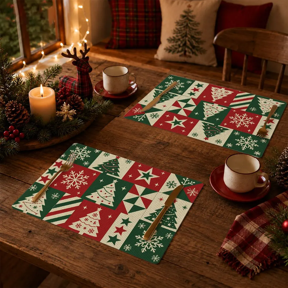 Festive Red Green Patchwork Blocks With Christmas Trees And Stars Snowflake Linen Placemat For Winter Dining Table Style