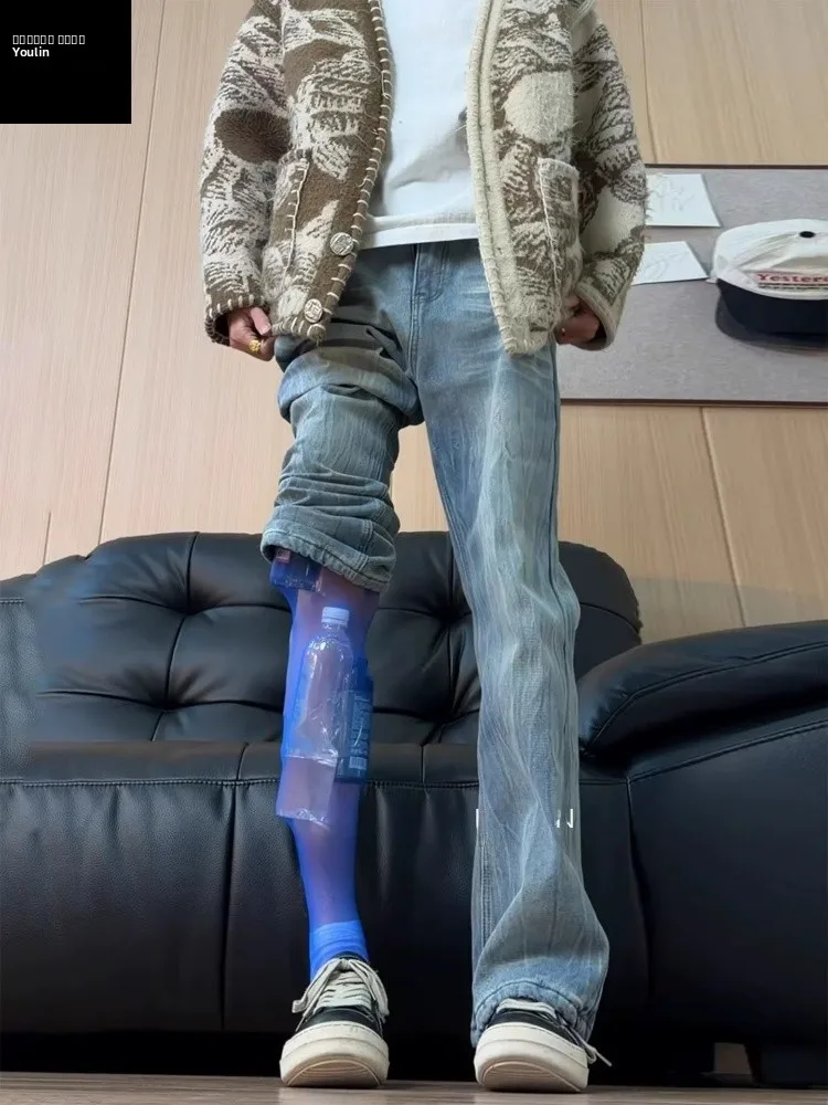 

Blue Fce Lined Lightning Pattern Jeans Men's Autumn Winter Slim Fit Bell Bot High Street Sle Waed Denim Casual Trou...