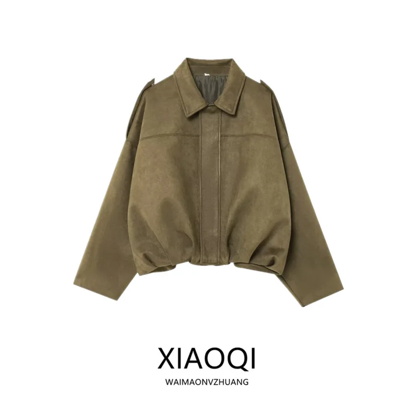 Spring 2025 Women's Versatile Faux Suede Pilot Jacket Outerwear Loose Fit Short Length Fashionable And Versatile
