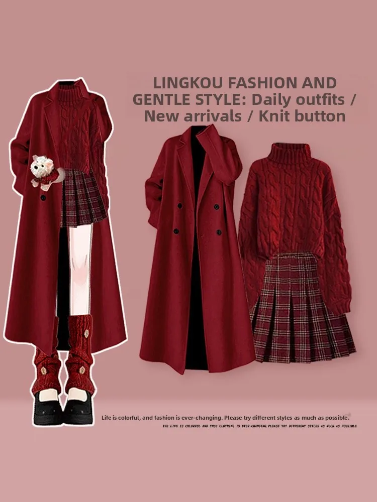 Winter Nieuwjaarsset voor dames: grote maat, rode gebreide trui met geruite rok, hoge taille, zachte stijl