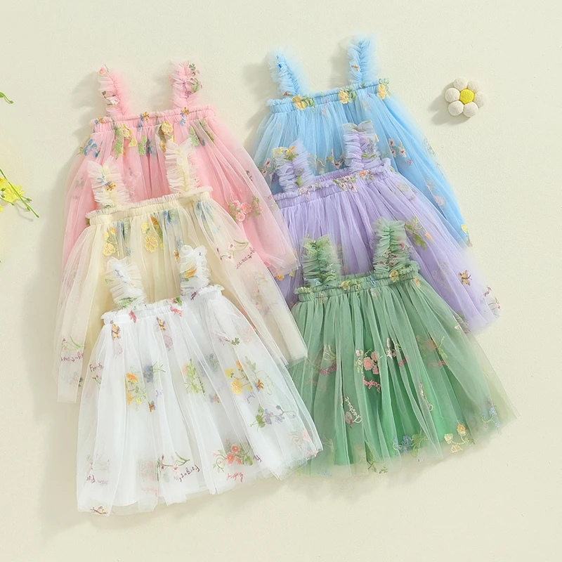 Toddler Kids Baby Girls Princess Dress Sleeveless Flower Embroidery Mesh Ruffles Strap Tulle Birthday Party Dresses Clothes