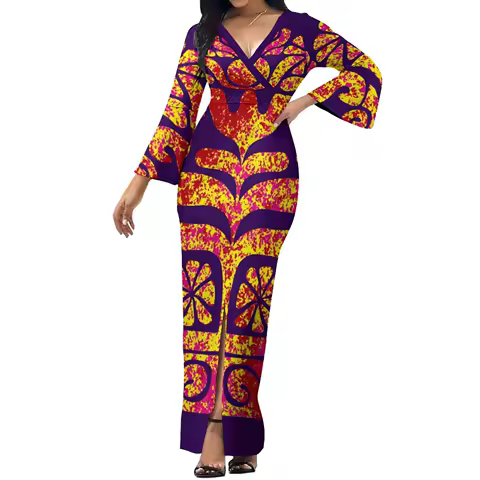 High Quality Women'S V-Neck Dress Polynesian Tribe Design Women'S Banquet Split Evening Dress Free Shipping