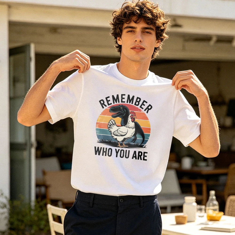 Remember Who You Are Chicken And Dinosaur Retro Circle Men Summer Cotton T Shirt Vintage Sunset Graphic Ideal For Casual Daily