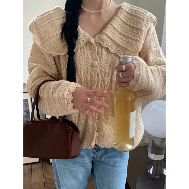 Women\'s Clothing Apricot Knitting Sweater Cardigan Long Sleeves Cashmere Vintage 2024 Spring Fashion Solid Baggy Ladies Tops