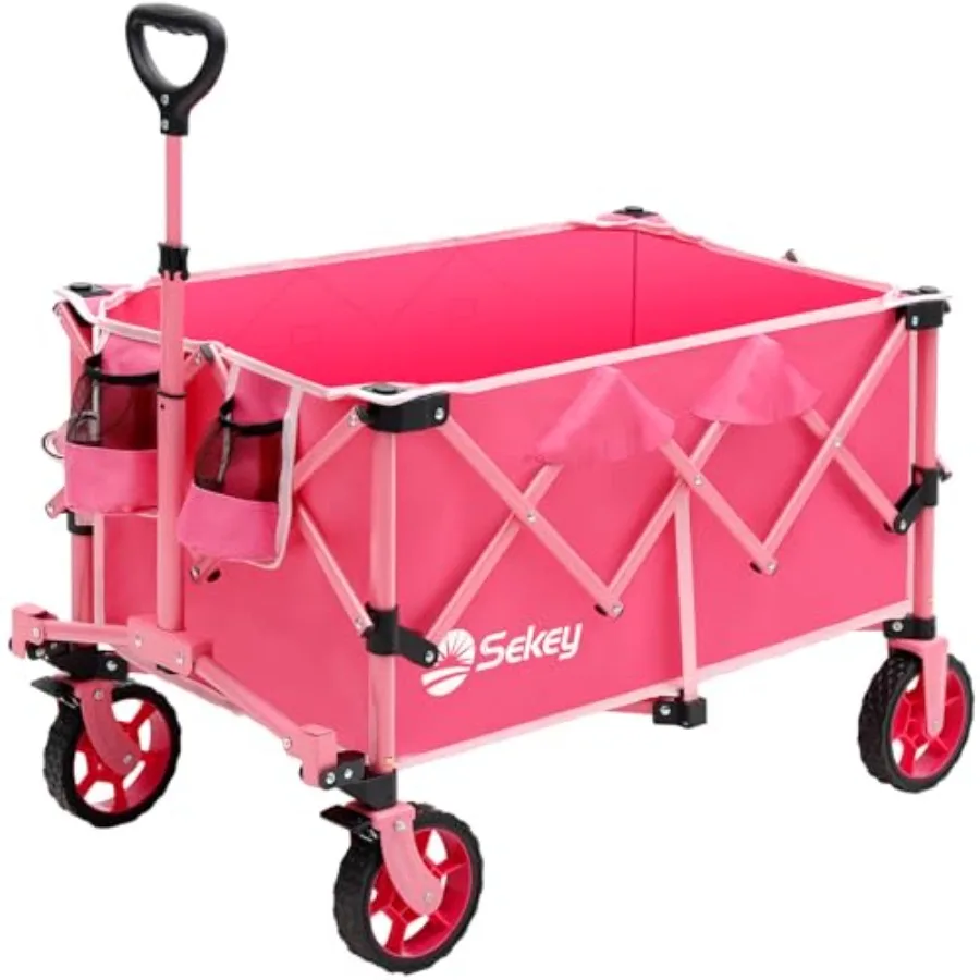 

Pink Collapsible Foldable Wagon with 330lbs Weight Capacity Heavy Duty Folding Wagon Cart with Big All-Terrain Wheels Drink Hol