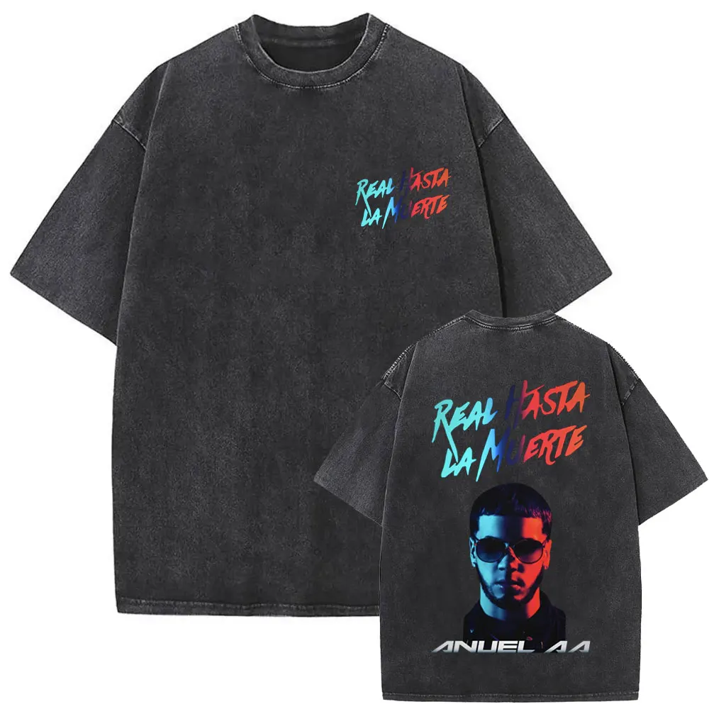 

Washed Vintage Rapper Anuel AA Real Hasta La Muerte Face Graphic T Shirt Men Hip Hop Oversized T-shirt Men's Fashion T-shirts