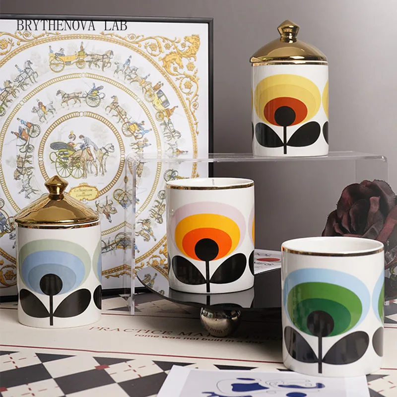 European Ceramic Pop Art Orla Kiely Style Flower Empty Candle Home Holder Decorative Candle Jar Cotton Swab Jewelry Storage Box