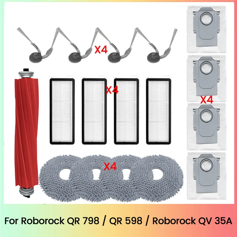 SANQ 17PCS For Roborock QR 798 / QR 598 / QV 35A Vacuum Cleaner Parts Main Side Brush HEPA Filter Mop Cloth Dust Bag