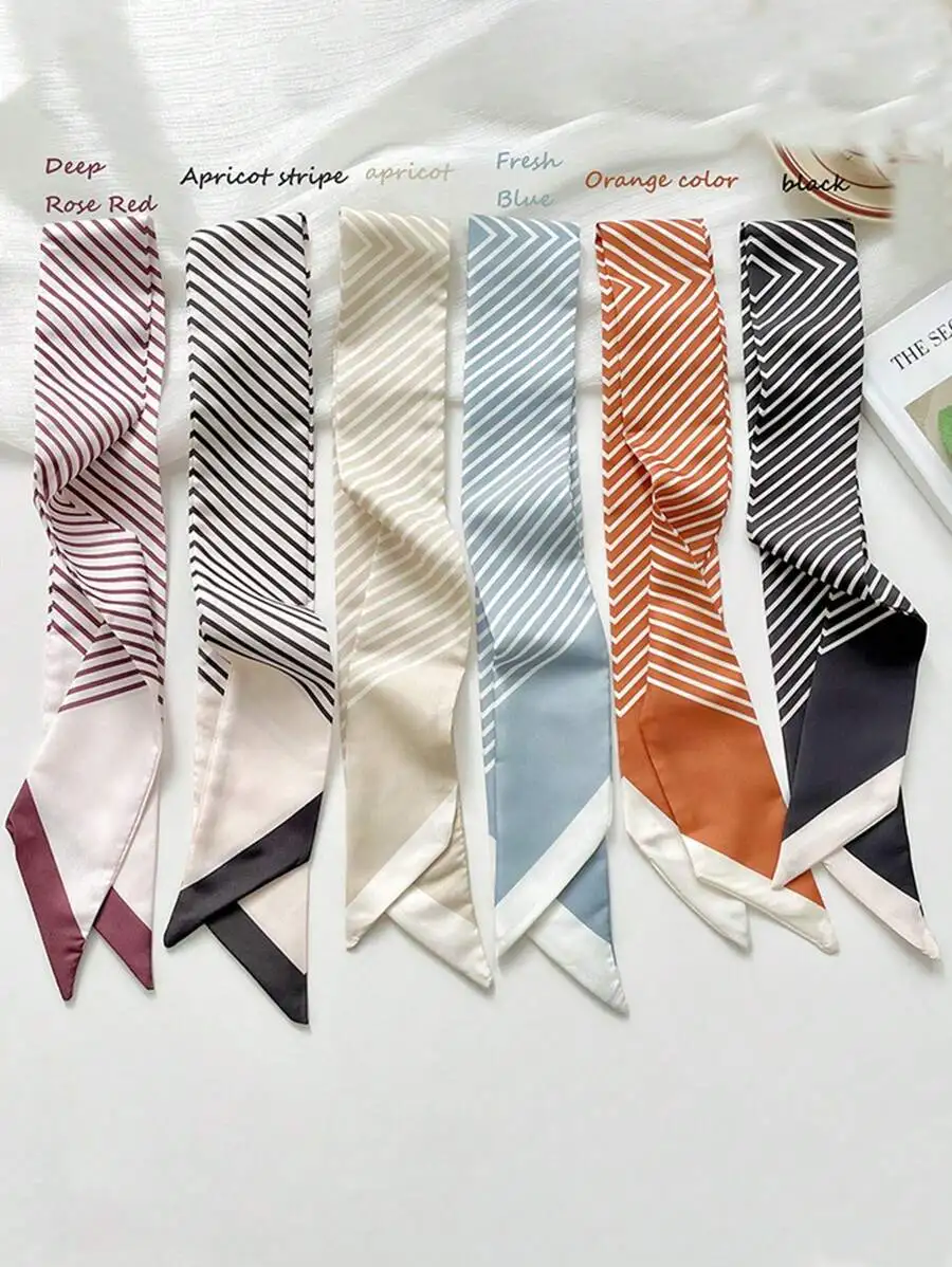 

6pcs Set Geometric Stripe Silk Hair Scarf Ties for Women, Lightweight Elegant Headwear Accessories