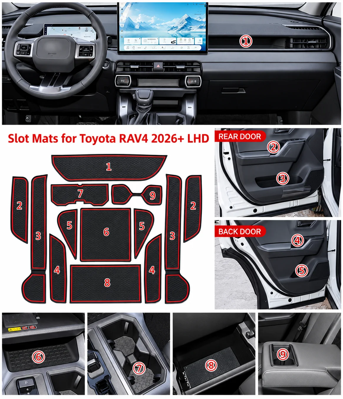 13PCS Slot Mats for Toyota RAV4 2026+ LHD Anti-Slip Silicone Interior Cup Holder Inserts Center Console Liners Accessories