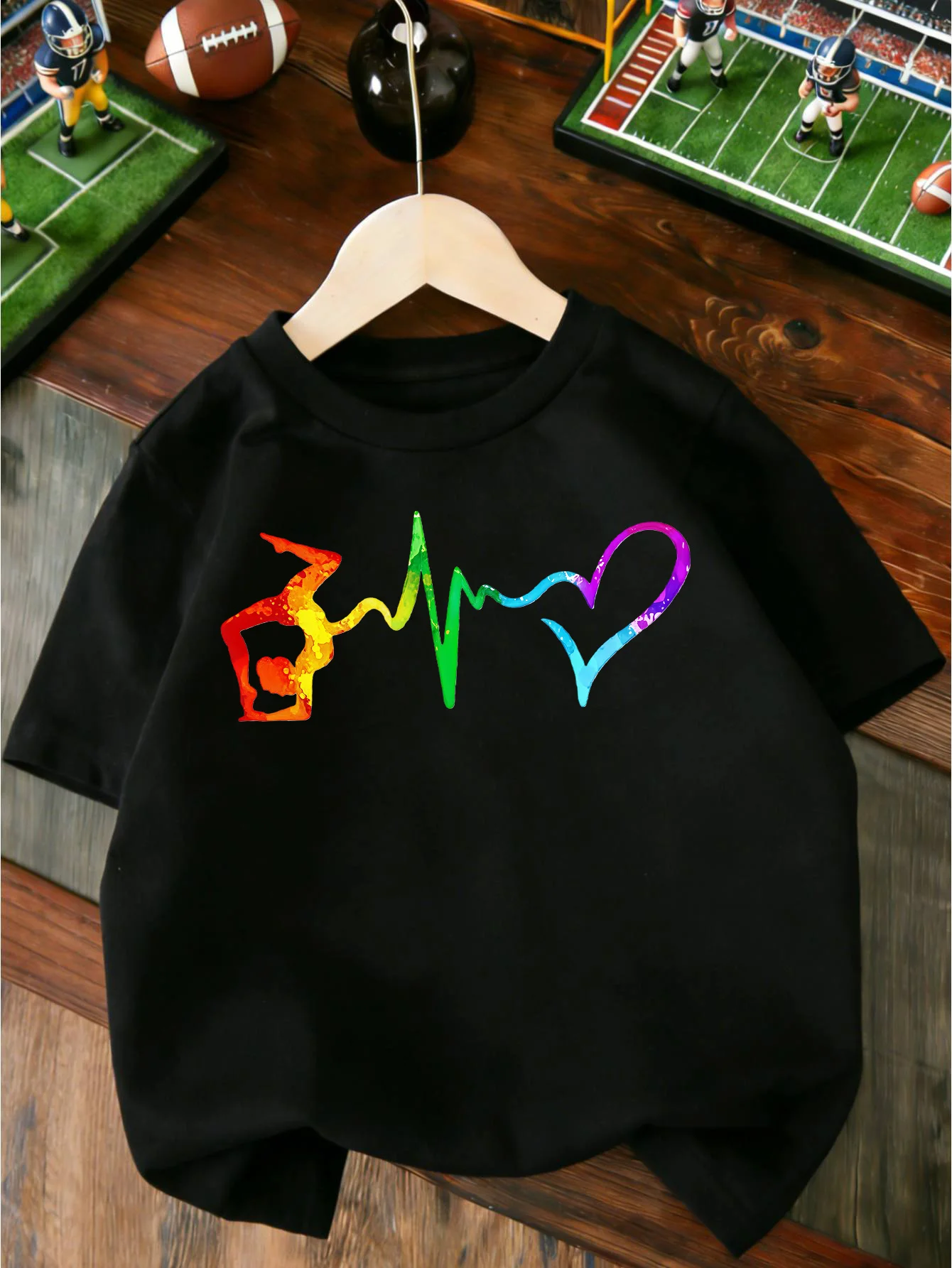 Colorful Gymnast Heart ECG Silhouette Graphic T Shirt Boys Girls Casual Short Sleeve Tee Family Matching Kids Cotton Tops