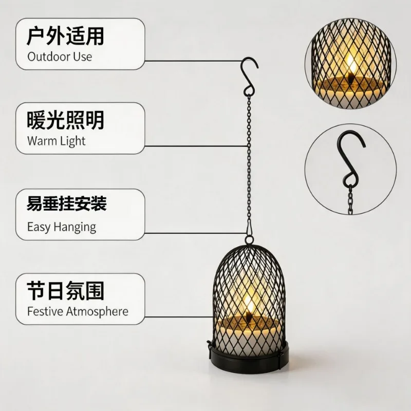 Solar Iron Wind Lantern Hanging Light, Mesh Cover Candle Lamp Waterproof Outdoor Yard Decor Atmosphere Lighting