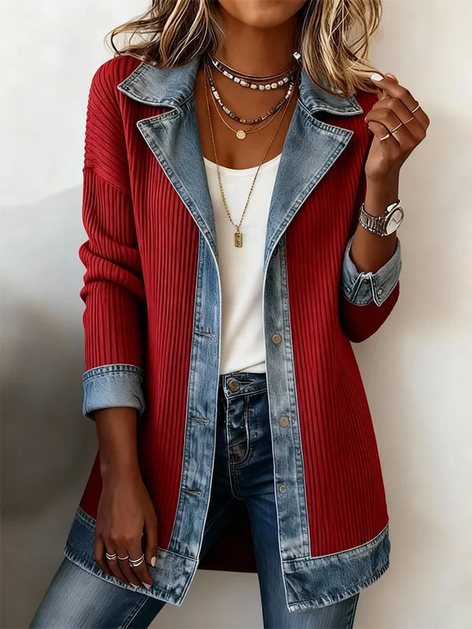 Gerippter Denim-Patchwork-Blazer für Damen mit Revers, langen Ärmeln, einem Knopf, lässig, mittellang, Damen-Oberbekleidung für Frühling und Herbst – Detail 7