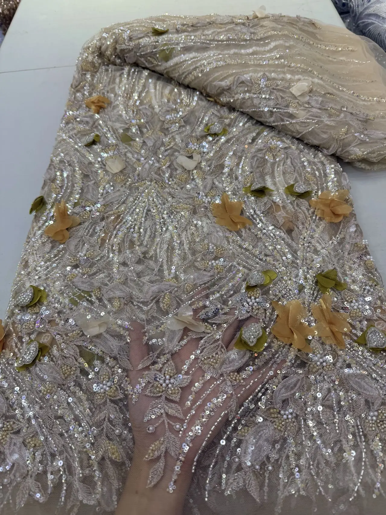 

African Nigerian 2025 Latest High Quality With Tulle Sewing Lace Fabric Guipure Embroidery Dresses Sequins Beads 5Yards JY482