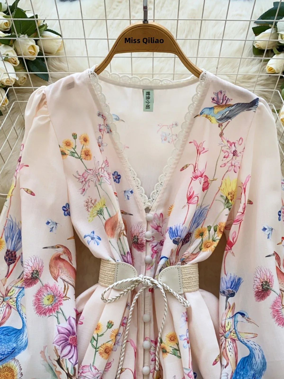 2025 Nieuwe Vintage Court Sle V-Ne Single Button Tie Taille Lantaarn Sve Lace Trim Gedrukt Dr Hoge Taille A-lijn Koreaanse S...