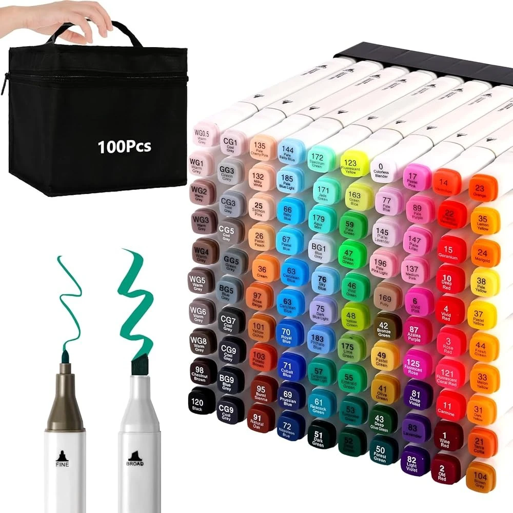 

Markers 100 Colors, Alcohol Based Marker with Case, Dual Tip Art Markers for Kids Adults Coloring Books, Sketch Permanent Mar