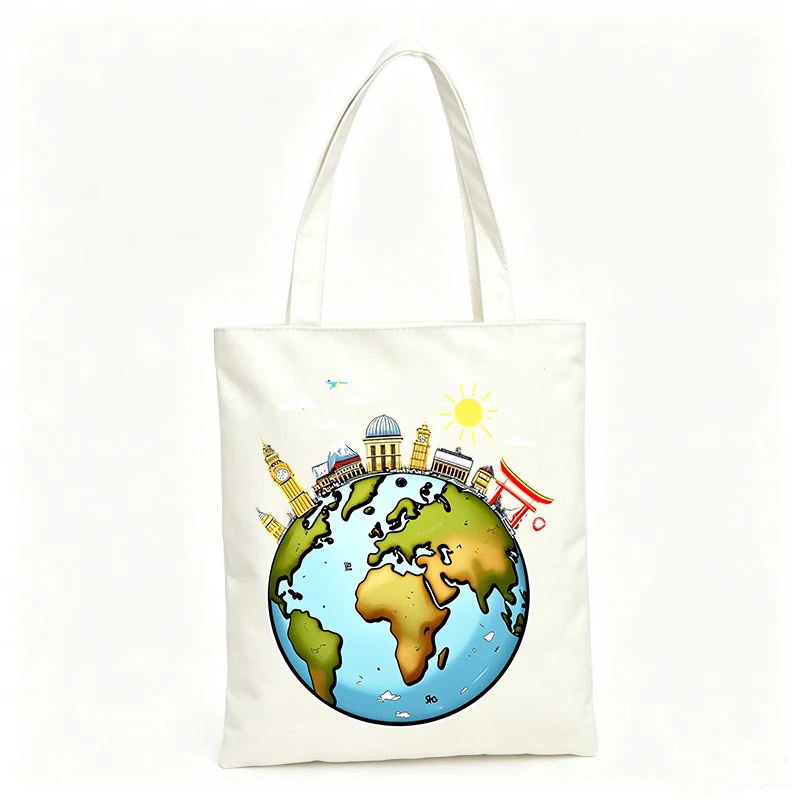 Women's world landmarks graphic canvas tote bag, casual style for travel and daily outings