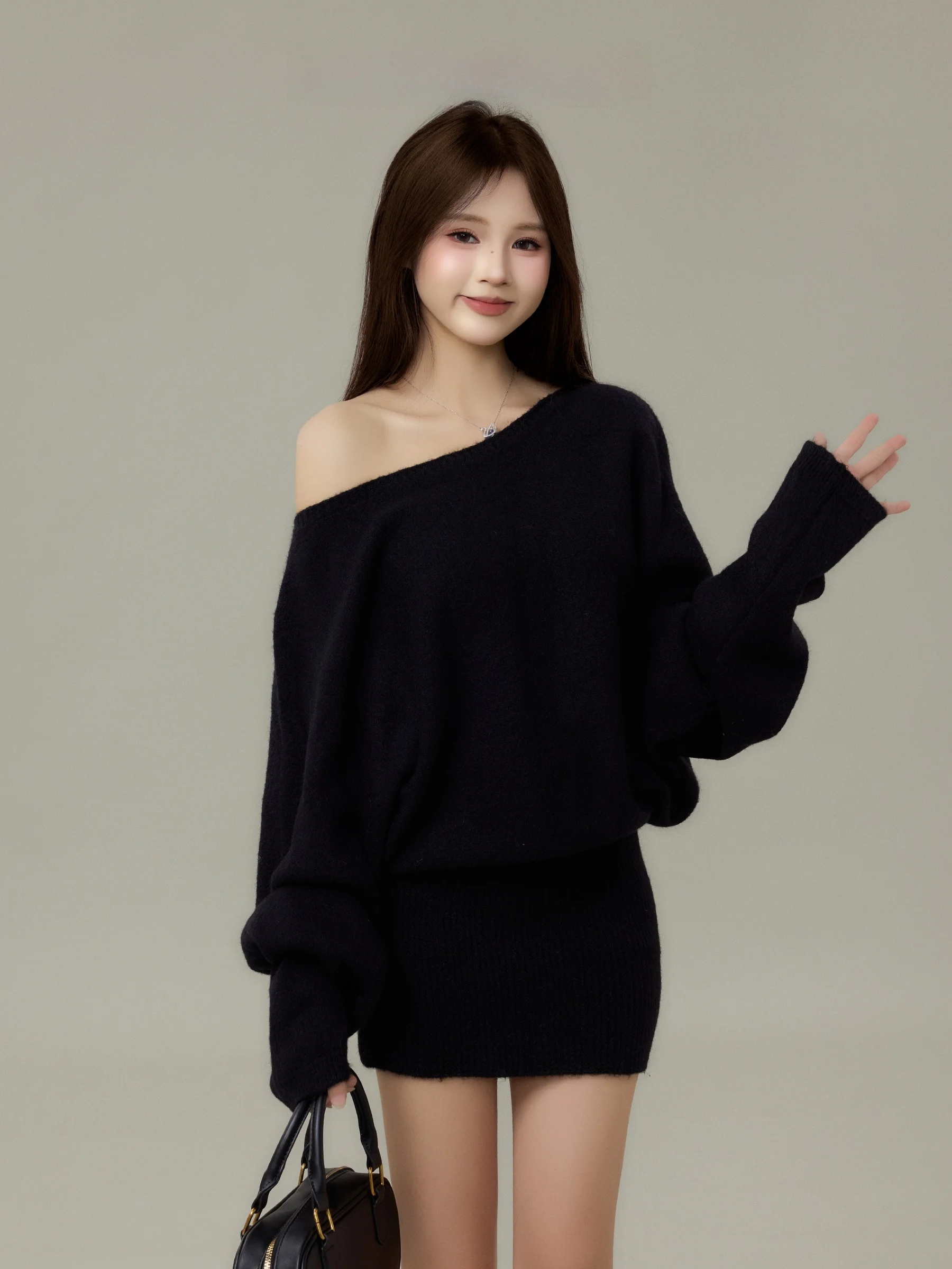 

Сексуальное корейское вязаное платье-обманка для женщин, осенне-зимнее, с высокой талией, с открытыми плечами, облегающее, с юбкой