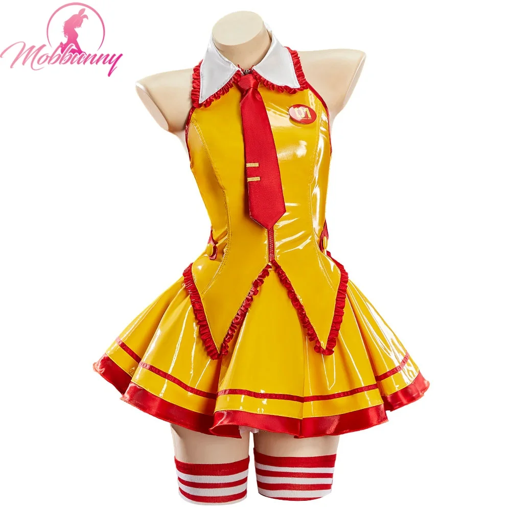Mobbunny Anime-inspiriertes Kellnerinnen-Uniform-Outfit für Damen, ärmelloses Oberteil und Rock mit Ärmeln, Halloween-Partykostüm