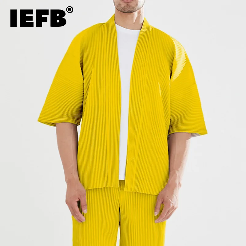 

IEFB Men's Pleated Suits Summer Thin Cardigan Short Sleeve Shirts Casual Straight Pants Solid Color V-neck Fold Two Piece 9A2129