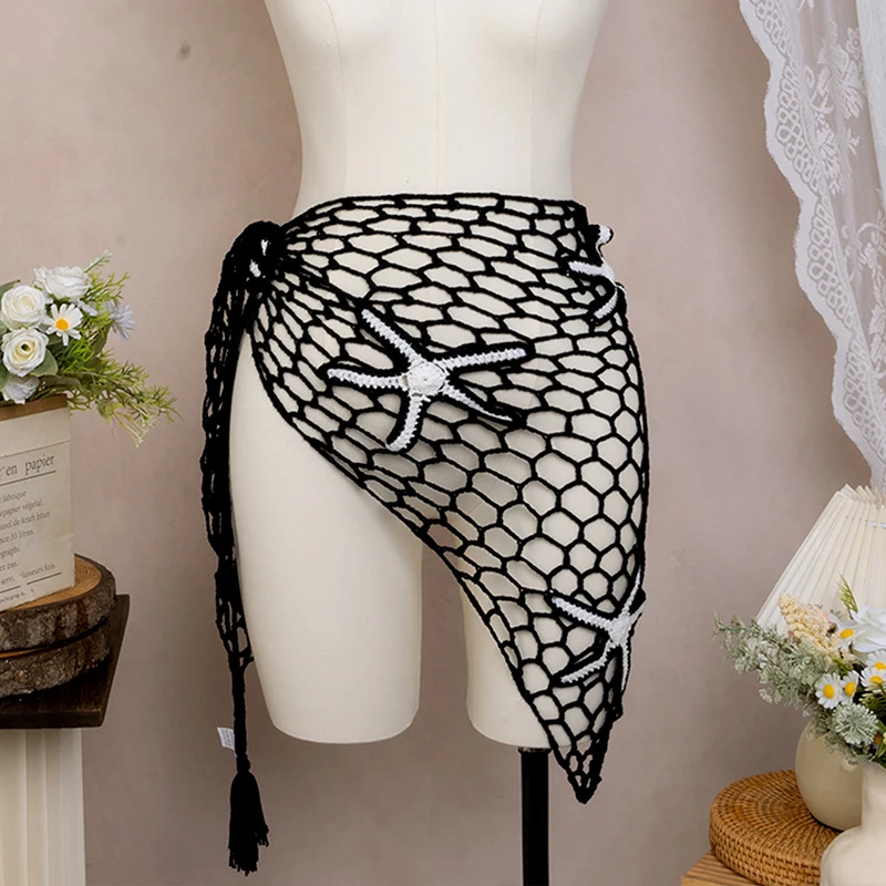 

Handmade Beach Shawl Triangle Scarf with Starfish Decoration, Hollow Out Design, Summer Casual Fitted Cover-Up for Women