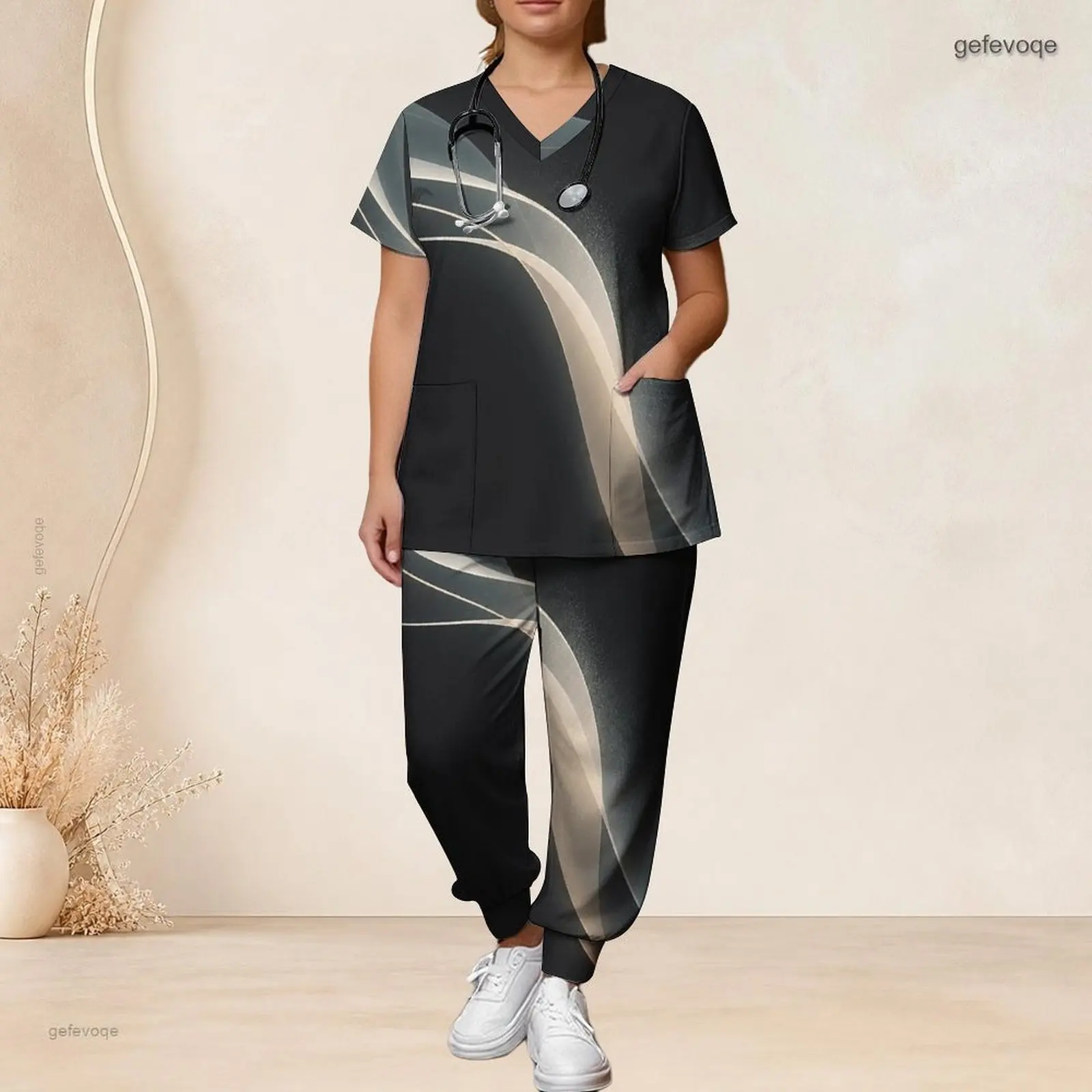 Women Printed Scrub Set V Neck Short Sleeve Pocket Top Long Pants Two Piece