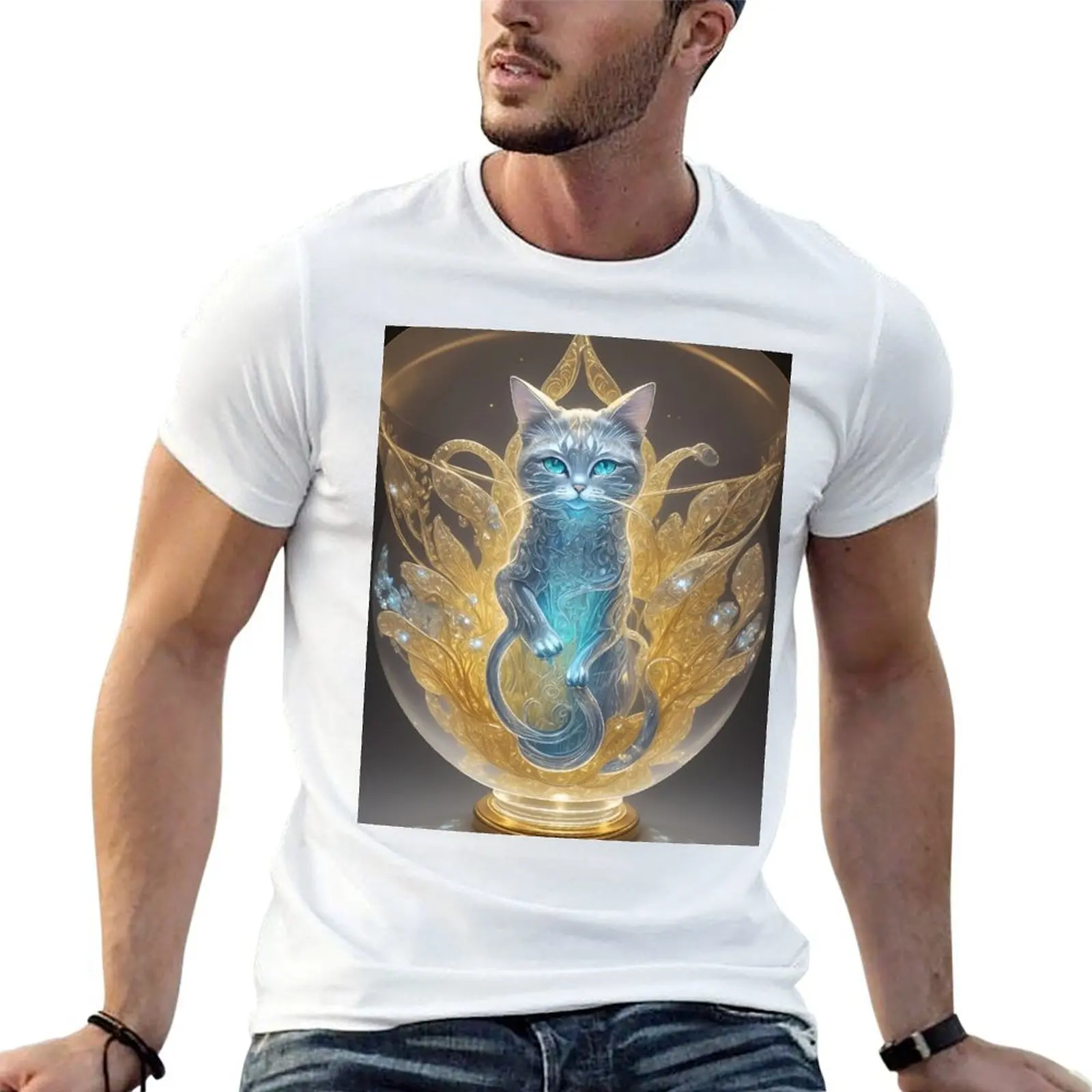 

Футболка из синего стекла с изображением кота, украшенная золотыми акцентами, мужская футболка, летние футболки для мужчин, хлопковая футболка