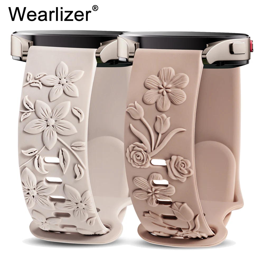 Wearlizer 2 Pack Floral Engraved Band For Samsung Galaxy Watch 7/FE/6/5/4 40mm 20mm Silicone Strap for Samsung Watch 7 41mm 40mm