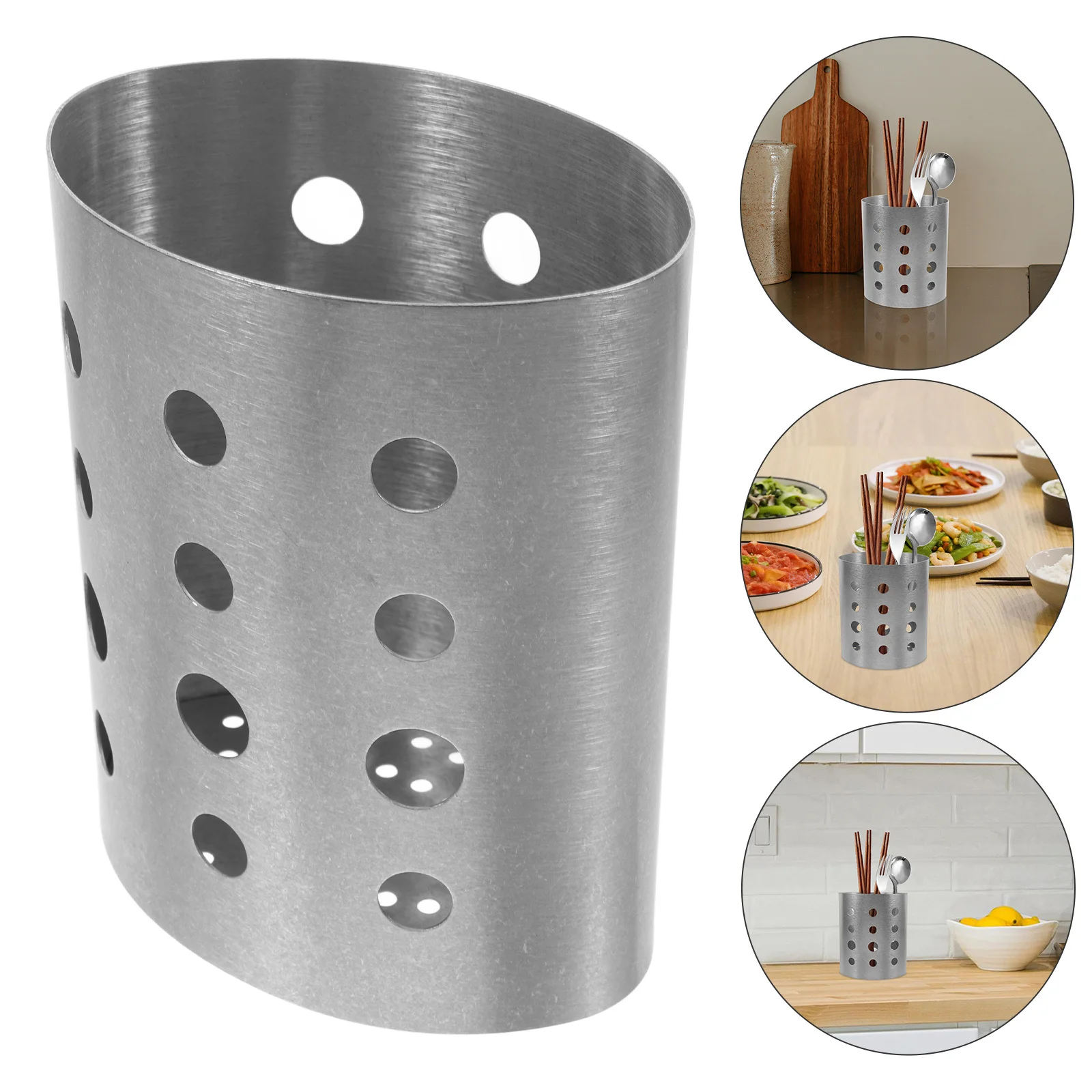 

Stainless Steel Utensil Holder Vintage Style Chopstick Tube with Drain Holes Kitchen Tool Storage Box Countertop Silverware
