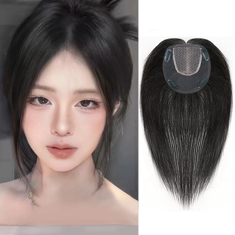 30cm Hair Toppers for Women with Thinning Hair Natural Black 100% Real Human Hair Topper with Bangs Swiss Lace Base Hand-Tied