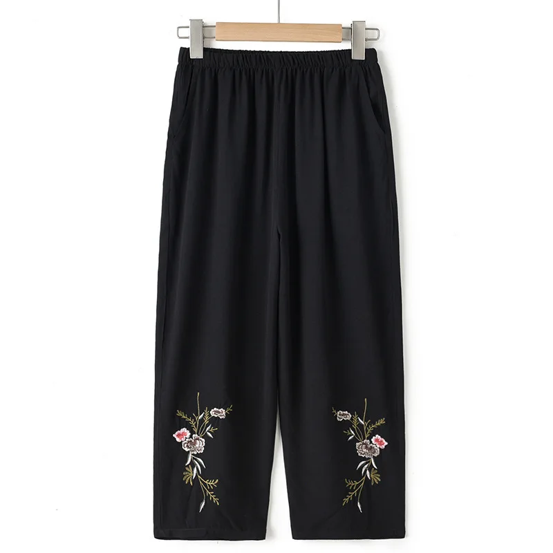 

Spring Summer Embroidered Capri Pants Middle Aged Mother Pajama Pant High Waist Elastic Sleepwear For Women Pyjama Pantalones