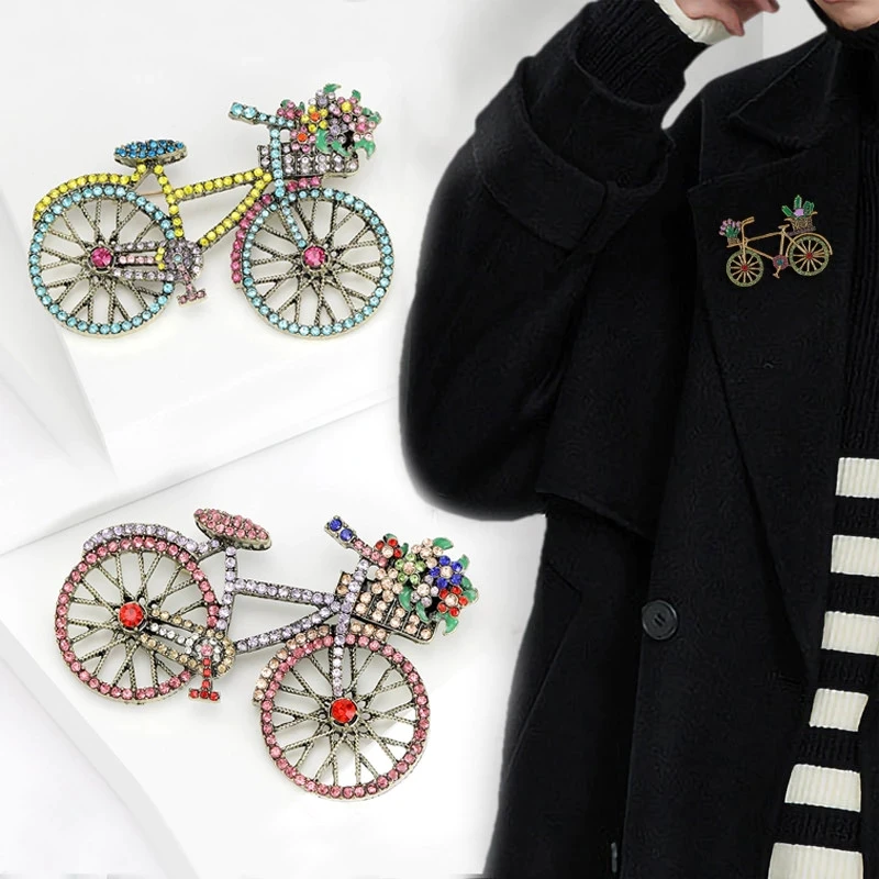 Colorful Crystal Bicycle with Flower Basket Brooches for Women Men Baroque Badge Metal Pins Exquistie Bike Jewelry Accessories