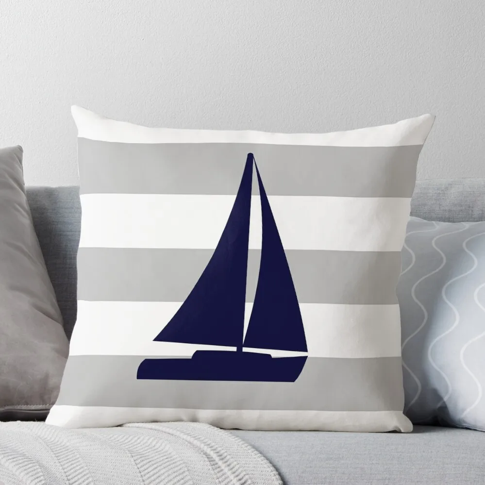 

Nautical Navy Blue Sailboat On Silver Gray Stripes Throw Pillow Pillowcase Cushion Marble Cushion Cover