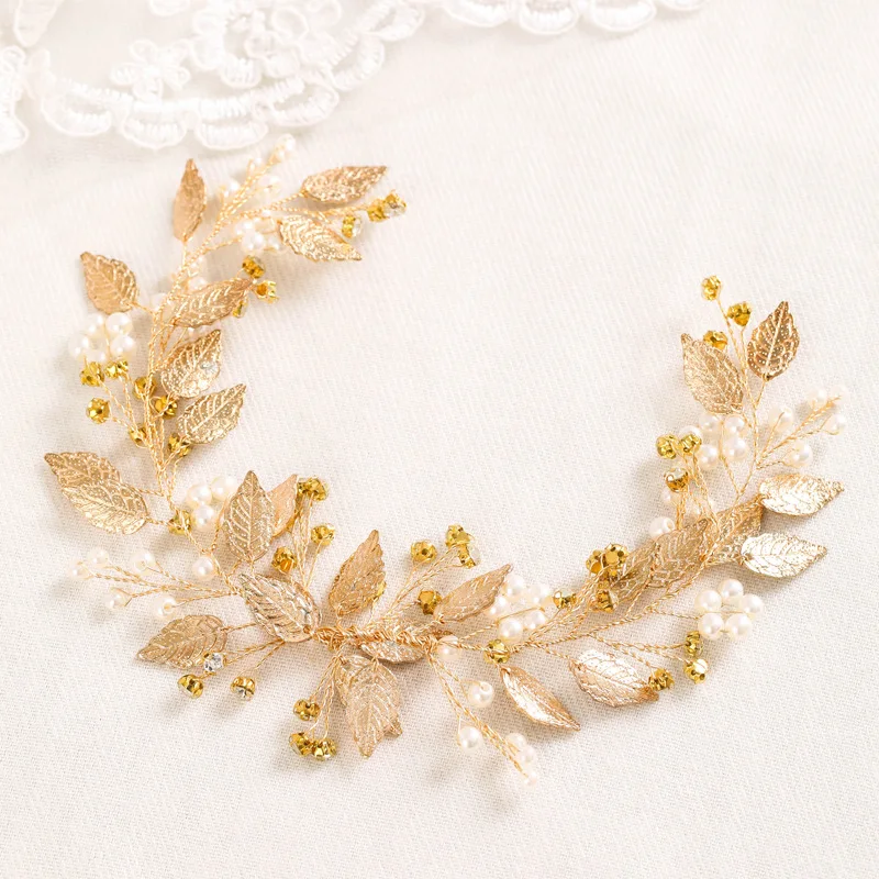 Gold Color Pearl Crystal Headband Tiara For Women Party Rhinestone Leaf HeadbandBridal Wedding Hair Accessories Jewelry Tiara