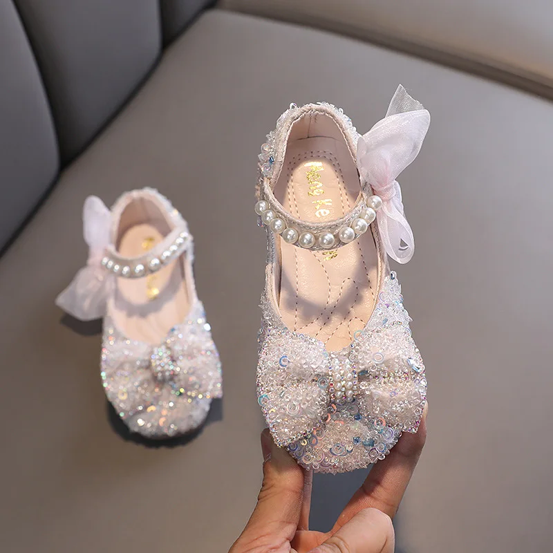 Zapatos de princesa con diamantes de imitación para niña, zapatos de cuero con lazo con lentejuelas, zapatos planos para niños, zapatos para actuaciones de baile, H87, 2023