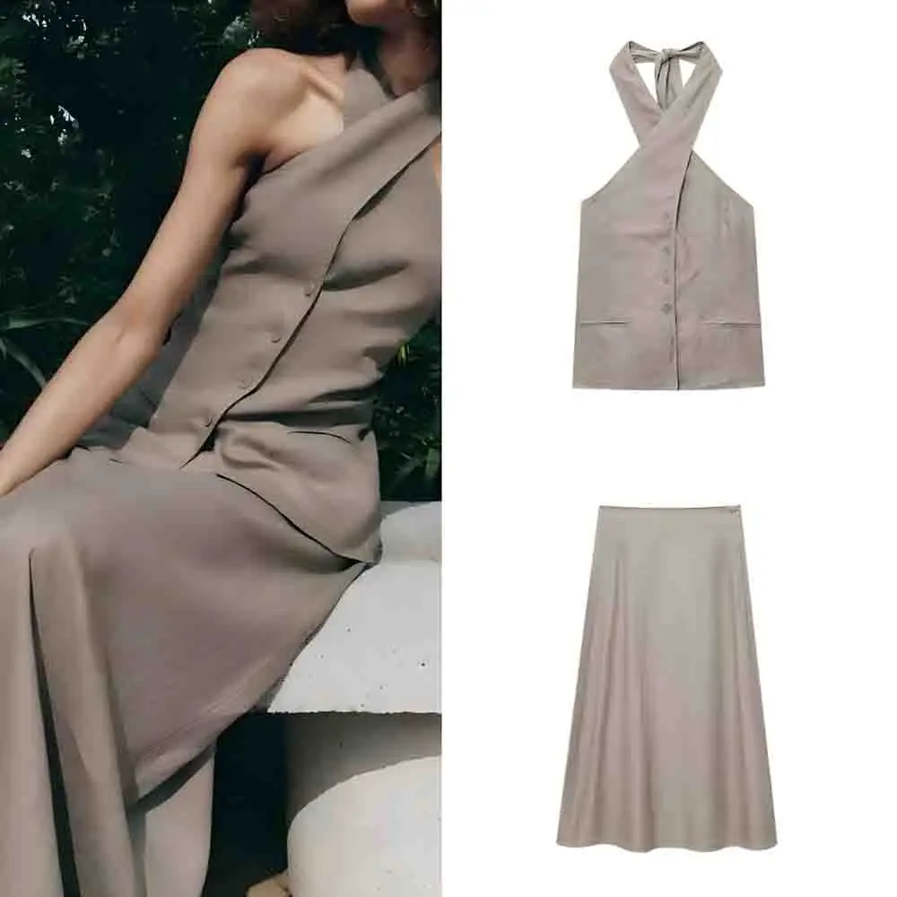 

Women's new fashion slim cotton linen blend hanging neck vest style top retro sleeveless women's vest chic top+Skirts suit