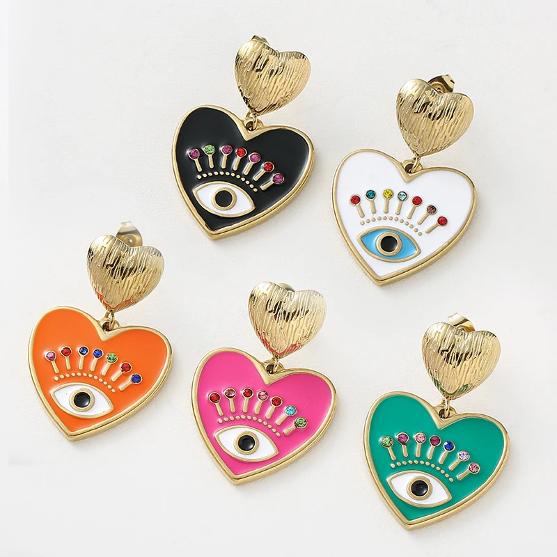 

Heart Oil Dripping Earrings for Women Stainless Steel Cute Eye Pendants Gold Stud Earrings Retro Accessory