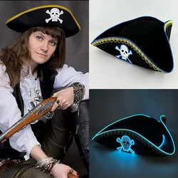LED Flashing Skull Hat Pirate Captain Hat Halloween Cosplay Accessories Caribbean Pirate Hats for Adult Masquerade Party Props