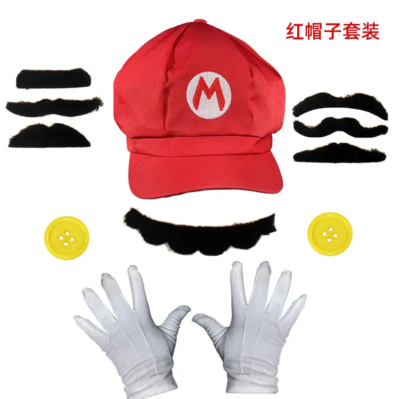 Super Mario Role-playing Costume Anime Mario Brothers Luigi Children's Octagonal Hat, Gloves, Beard and Strap Set Adult Gift